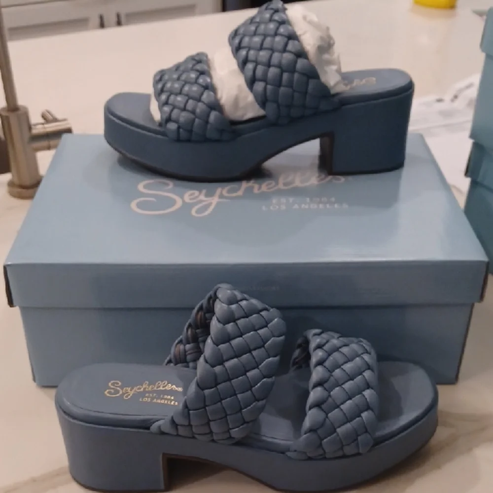 Seychelles Women's Novelty Blue Heel Sandals Shoes NWB $130 - Picture 1 of 10